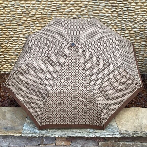 Coach Signature Classic Brown Logo Retractable Umbrella. VGUC. Travel Packable - Picture 1 of 12